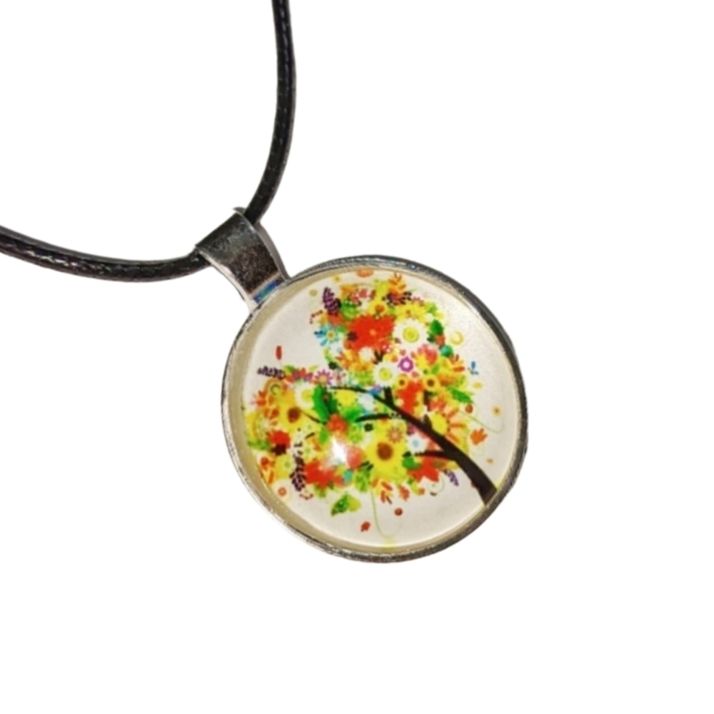 Tree Glass Half Dome Pendant with Black Cord Necklace